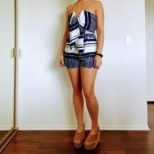 Lulu's Delphi Blue and White Striped Tie-Front Strapless Romper - M